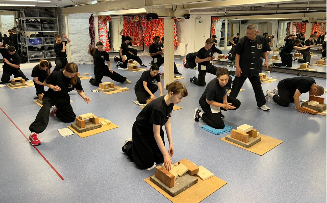 Träningslokalen fylld med deltagare på brytteknikkursen &quot;Breaking&quot; med kursledaren Da Sifu Louis Linn.